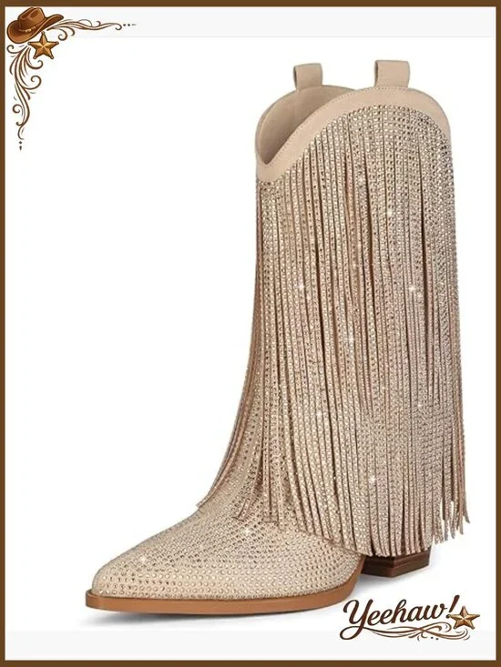Suede Western Boots with Rhinestones and Fringe, Chunky Heel - Picture 1 of 7